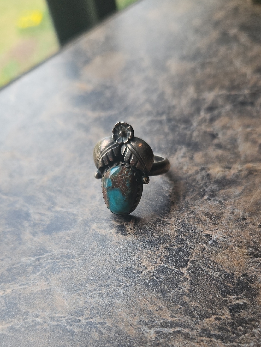 Turquoise Stone Sterling- Floral Ring - Vintage Navjo